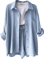 Textured Button Up Shirt and Shorts Set - Charmdeals