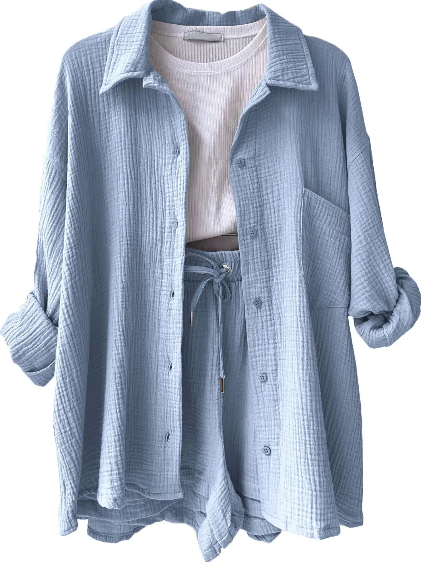 Textured Button Up Shirt and Shorts Set - Charmdeals