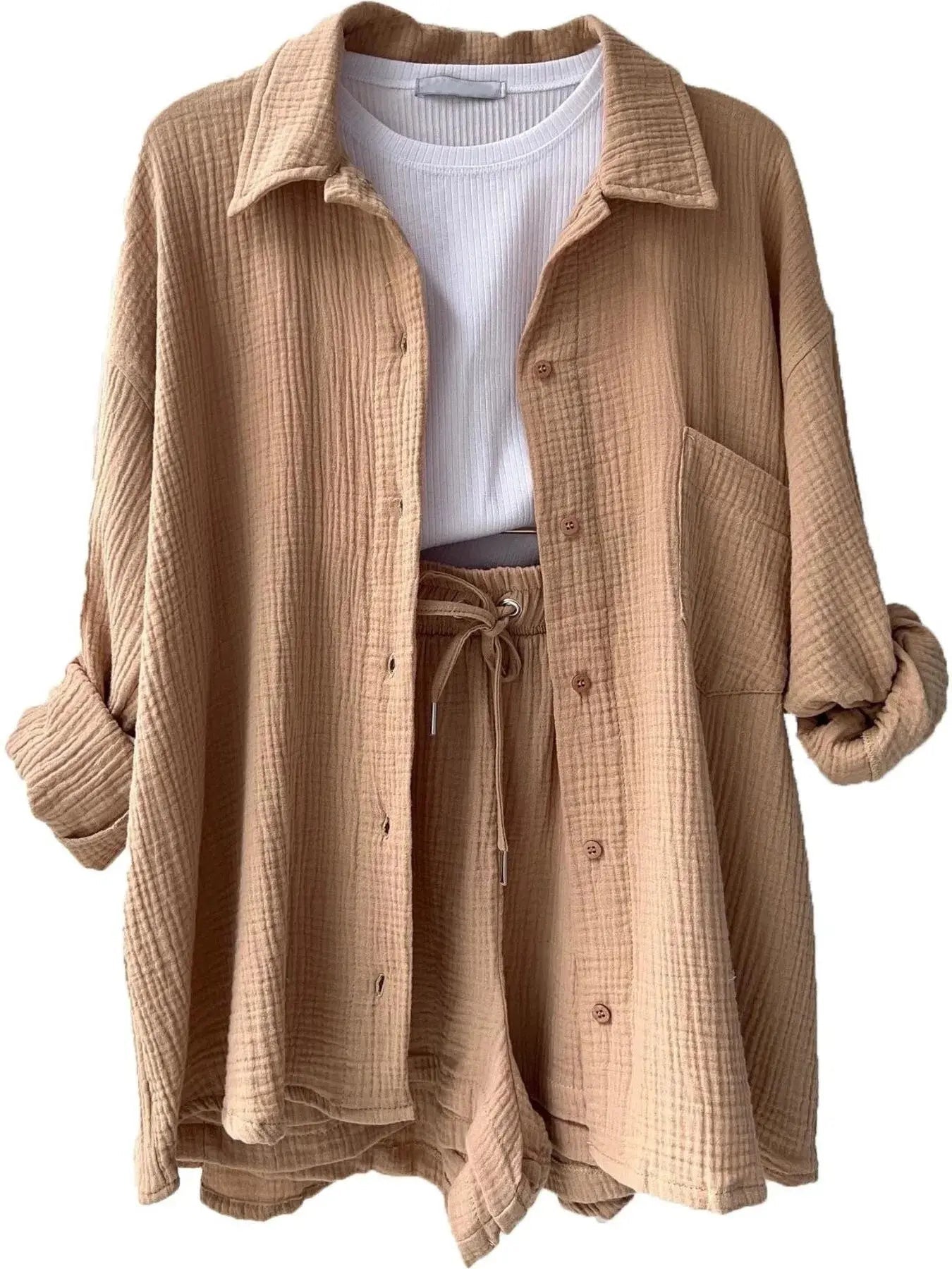 Textured Button Up Shirt and Shorts Set - Charmdeals