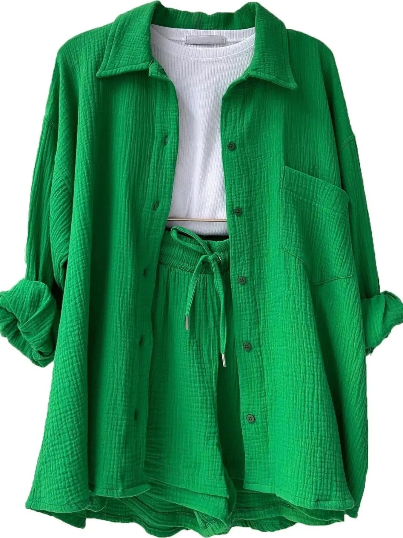 Textured Button Up Shirt and Shorts Set - Charmdeals