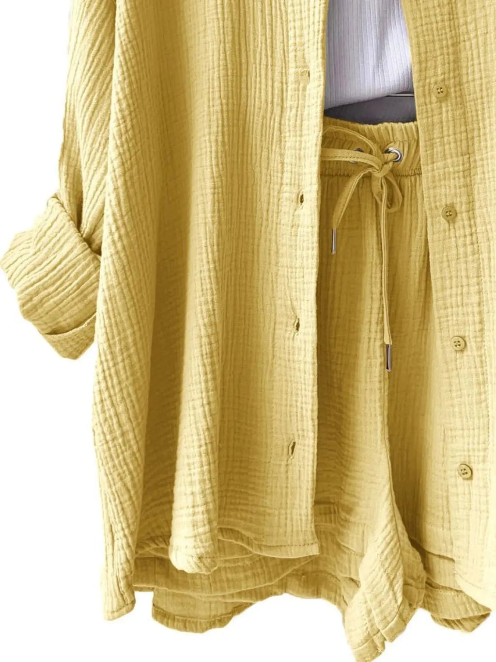 Textured Button Up Shirt and Shorts Set - Charmdeals