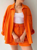 Textured Button Up Shirt and Shorts Set - Charmdeals