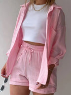 Textured Button Up Shirt and Shorts Set - Charmdeals