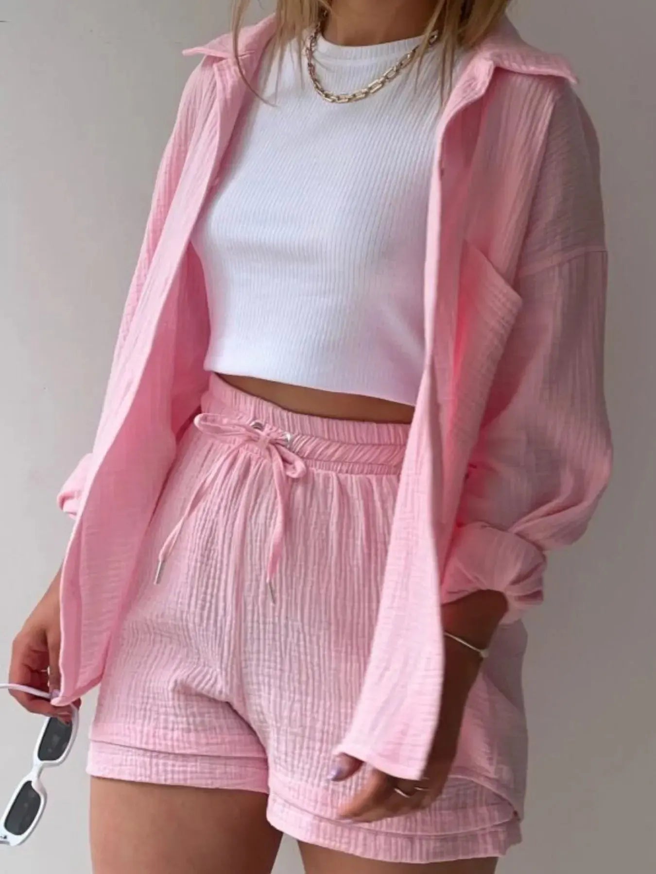 Textured Button Up Shirt and Shorts Set - Charmdeals