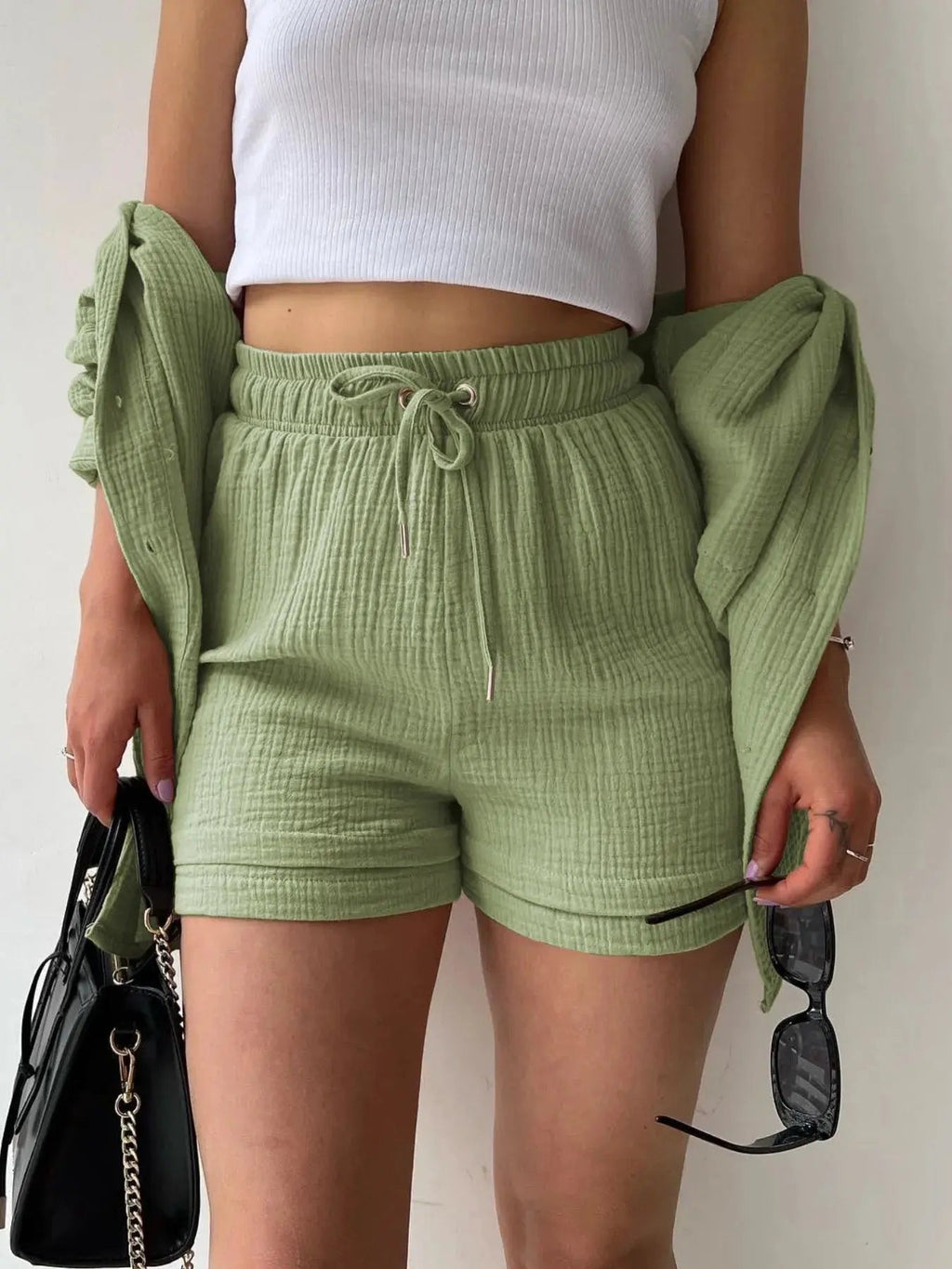 Textured Button Up Shirt and Shorts Set - Charmdeals