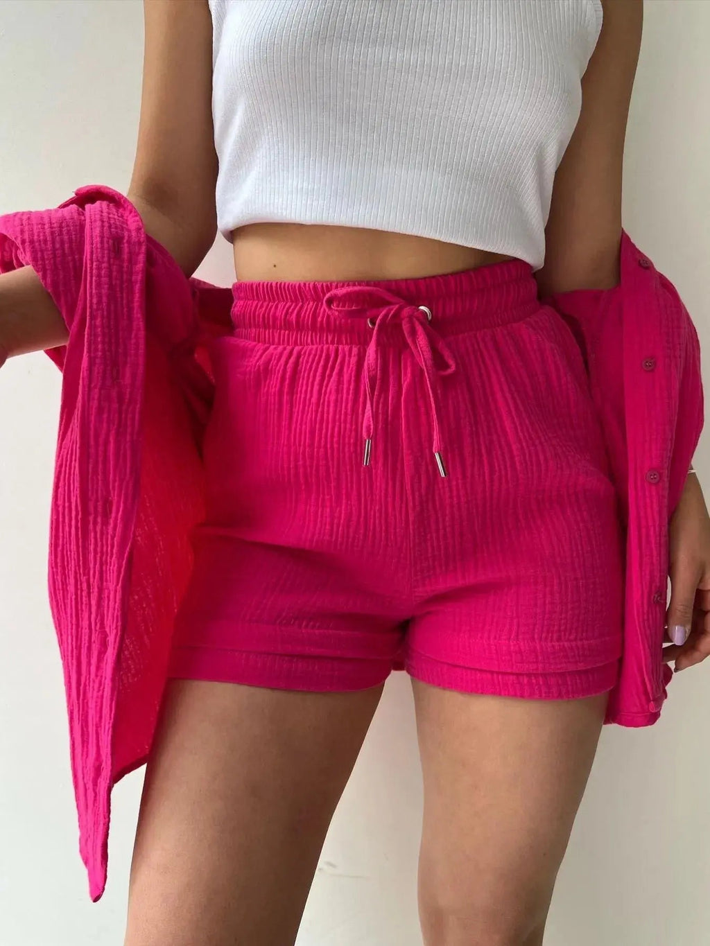 Textured Button Up Shirt and Shorts Set - Charmdeals