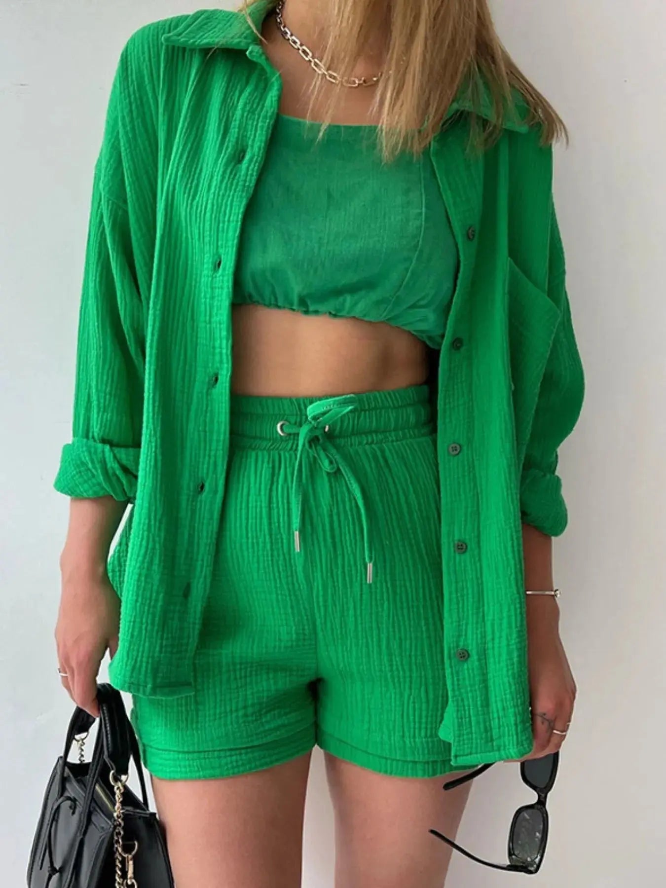 Textured Button Up Shirt and Shorts Set - Charmdeals
