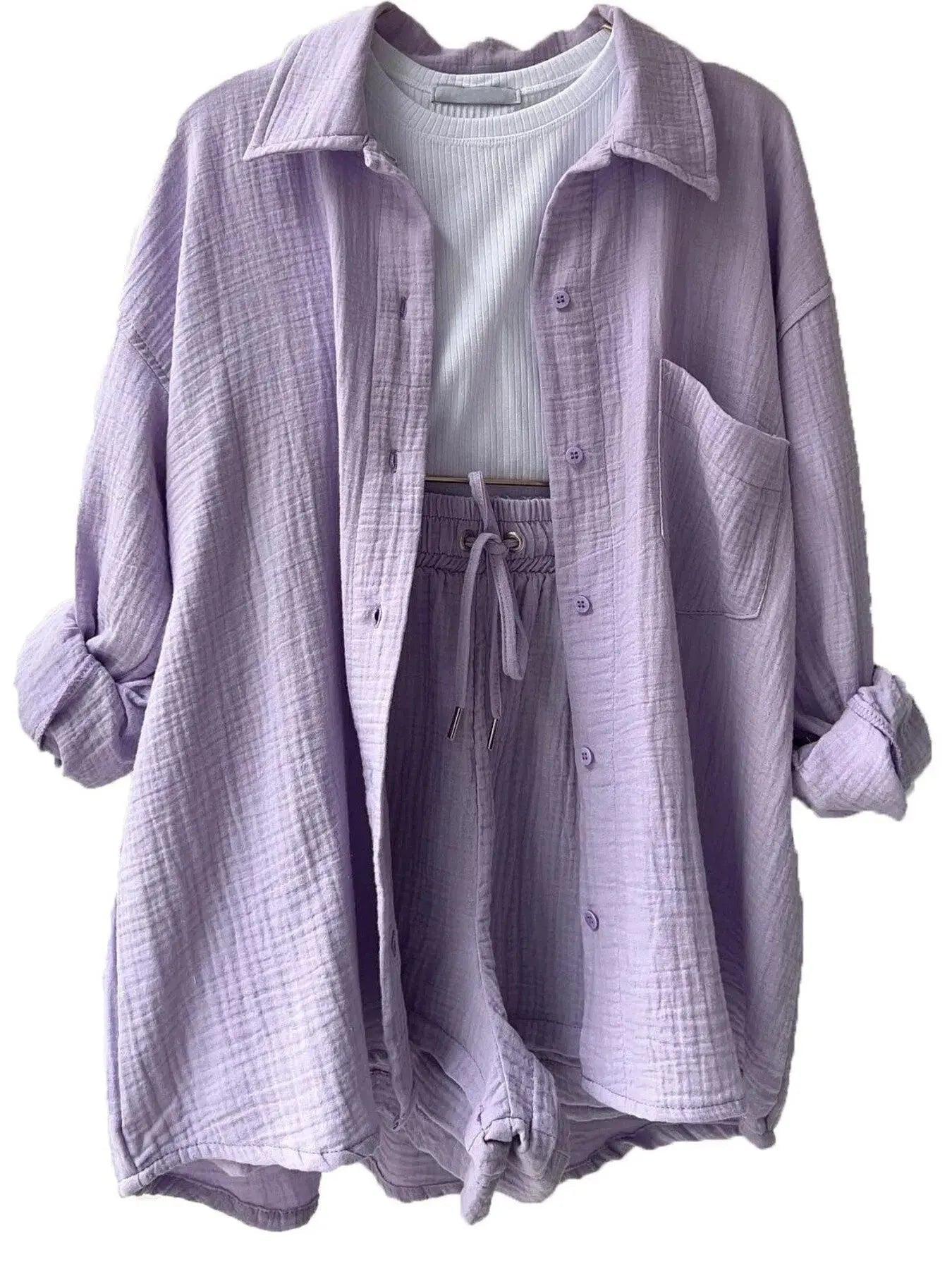 Textured Button Up Shirt and Shorts Set - Charmdeals