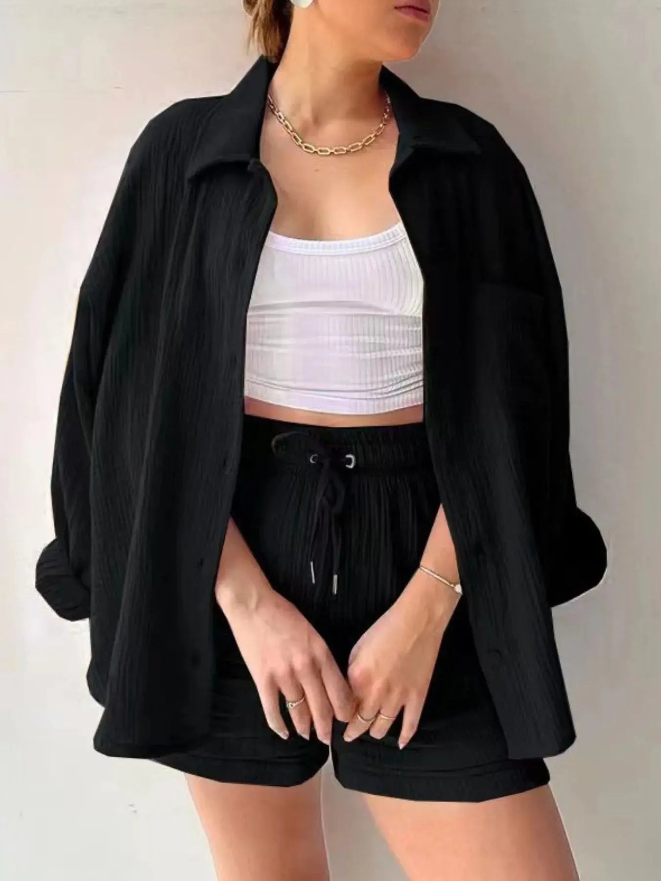 Textured Button Up Shirt and Shorts Set - Charmdeals