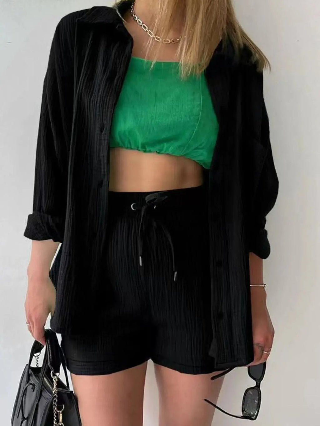 Textured Button Up Shirt and Shorts Set - Charmdeals