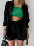 Textured Button Up Shirt and Shorts Set - Charmdeals