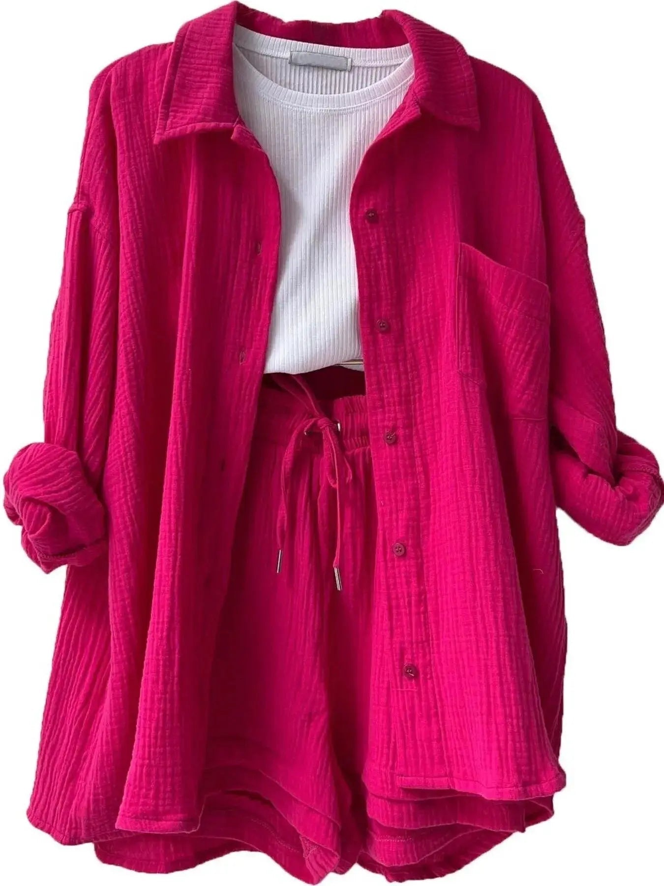 Textured Button Up Shirt and Shorts Set - Charmdeals