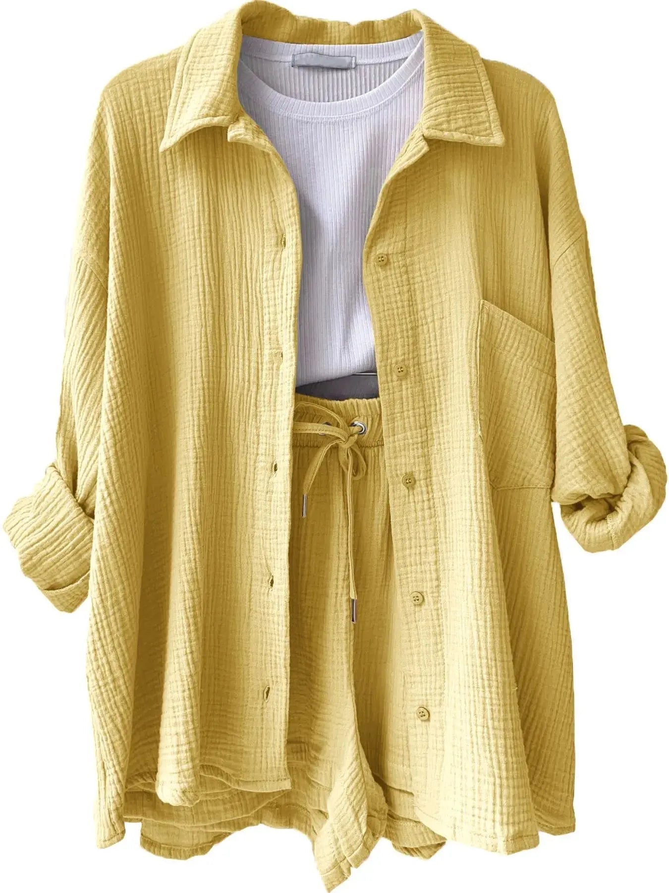Textured Button Up Shirt and Shorts Set - Charmdeals