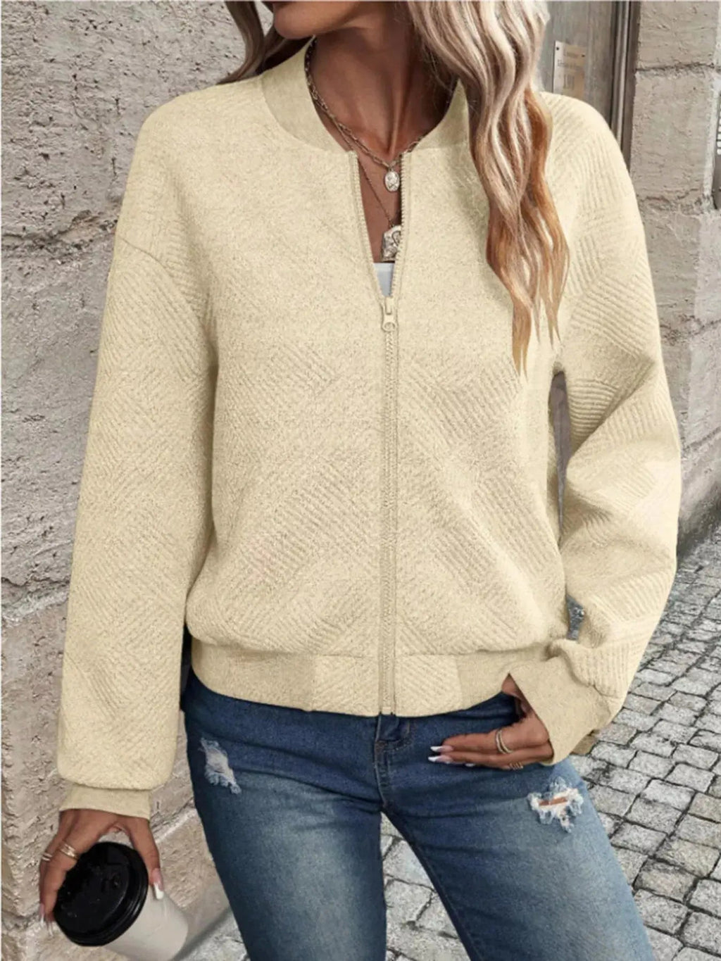 Textured Knit Zip - Up Bomber Jacket - Charmdeals