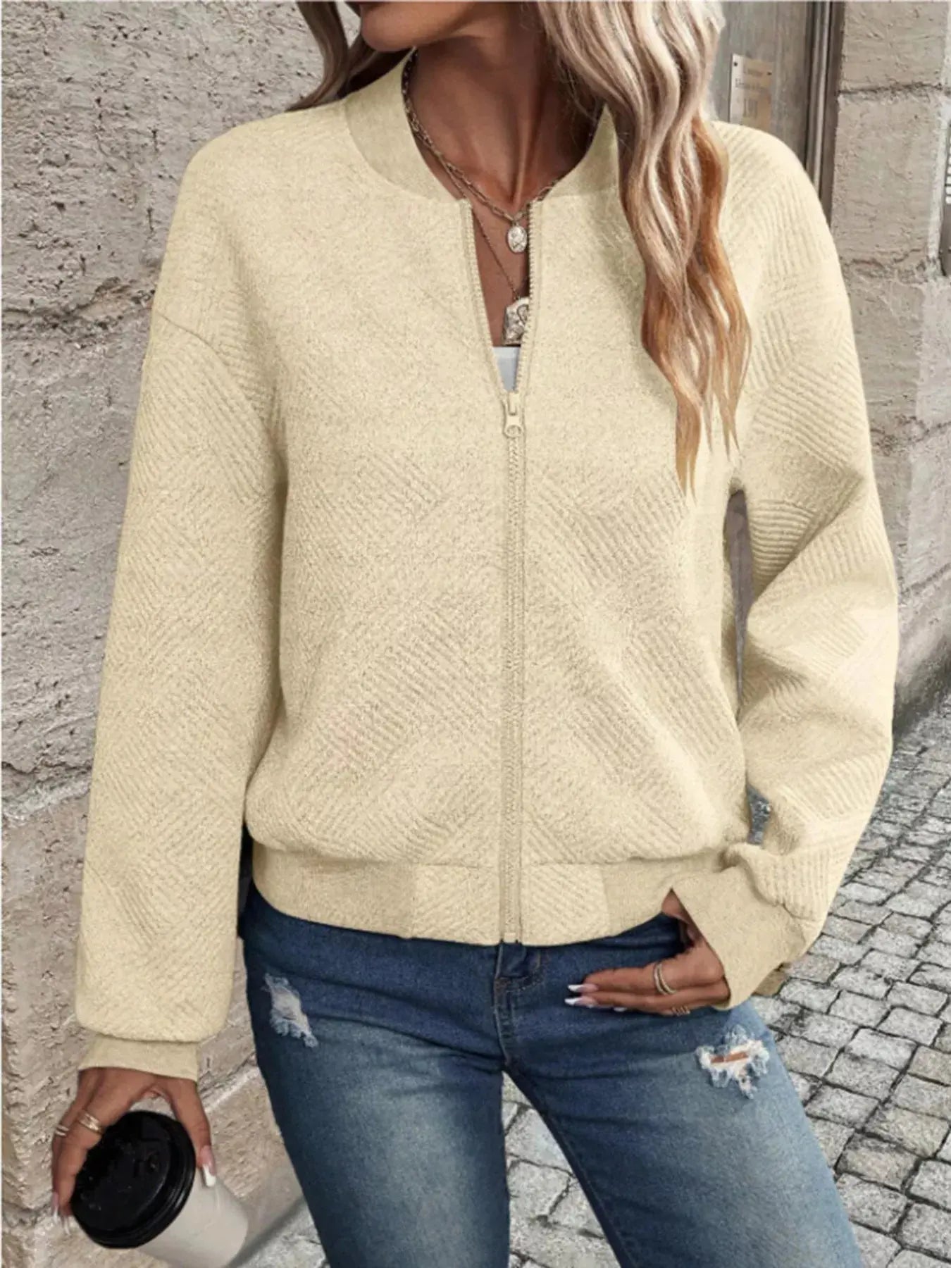Textured Knit Zip - Up Bomber Jacket - Charmdeals
