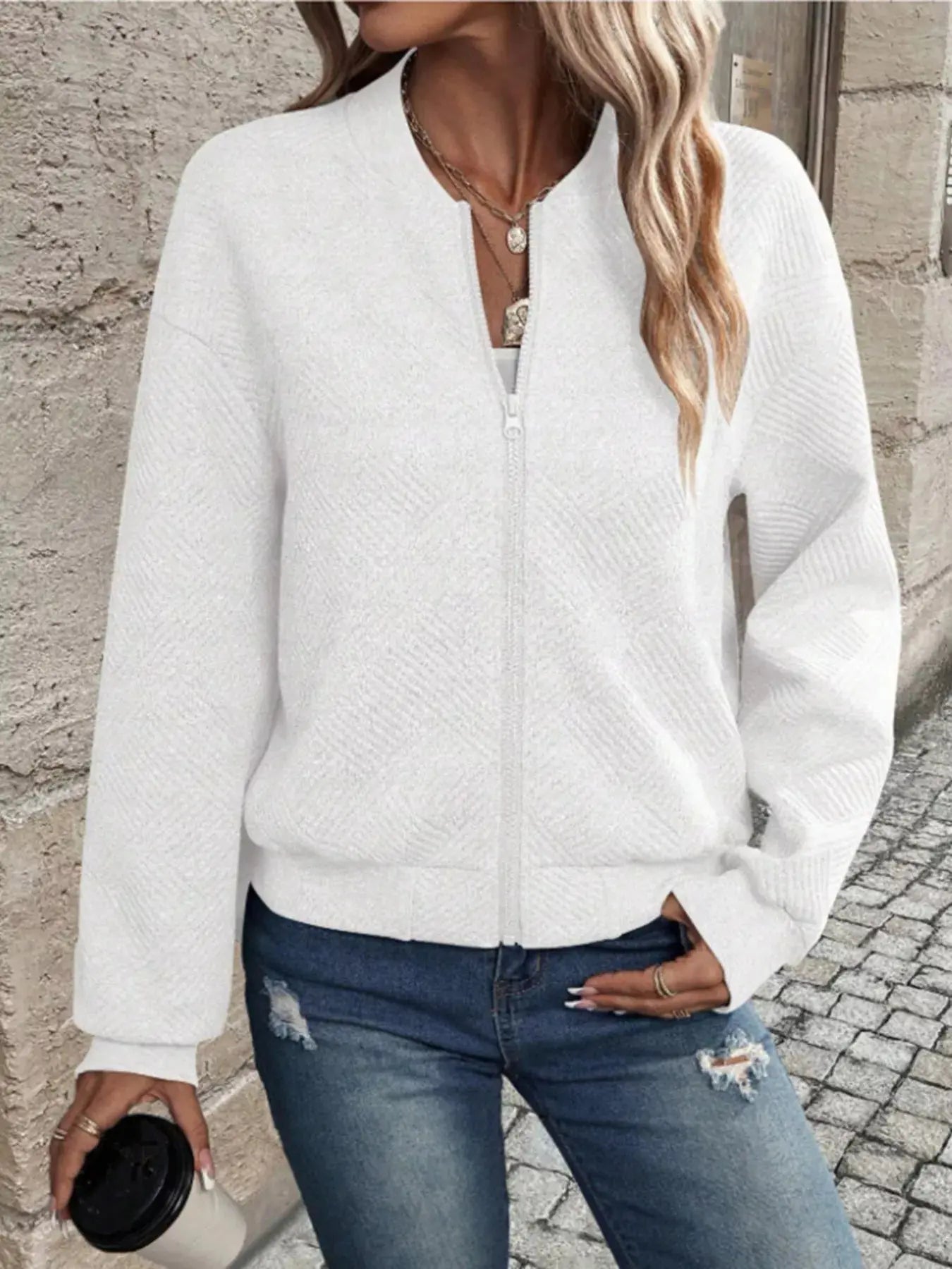 Textured Knit Zip - Up Bomber Jacket - Charmdeals