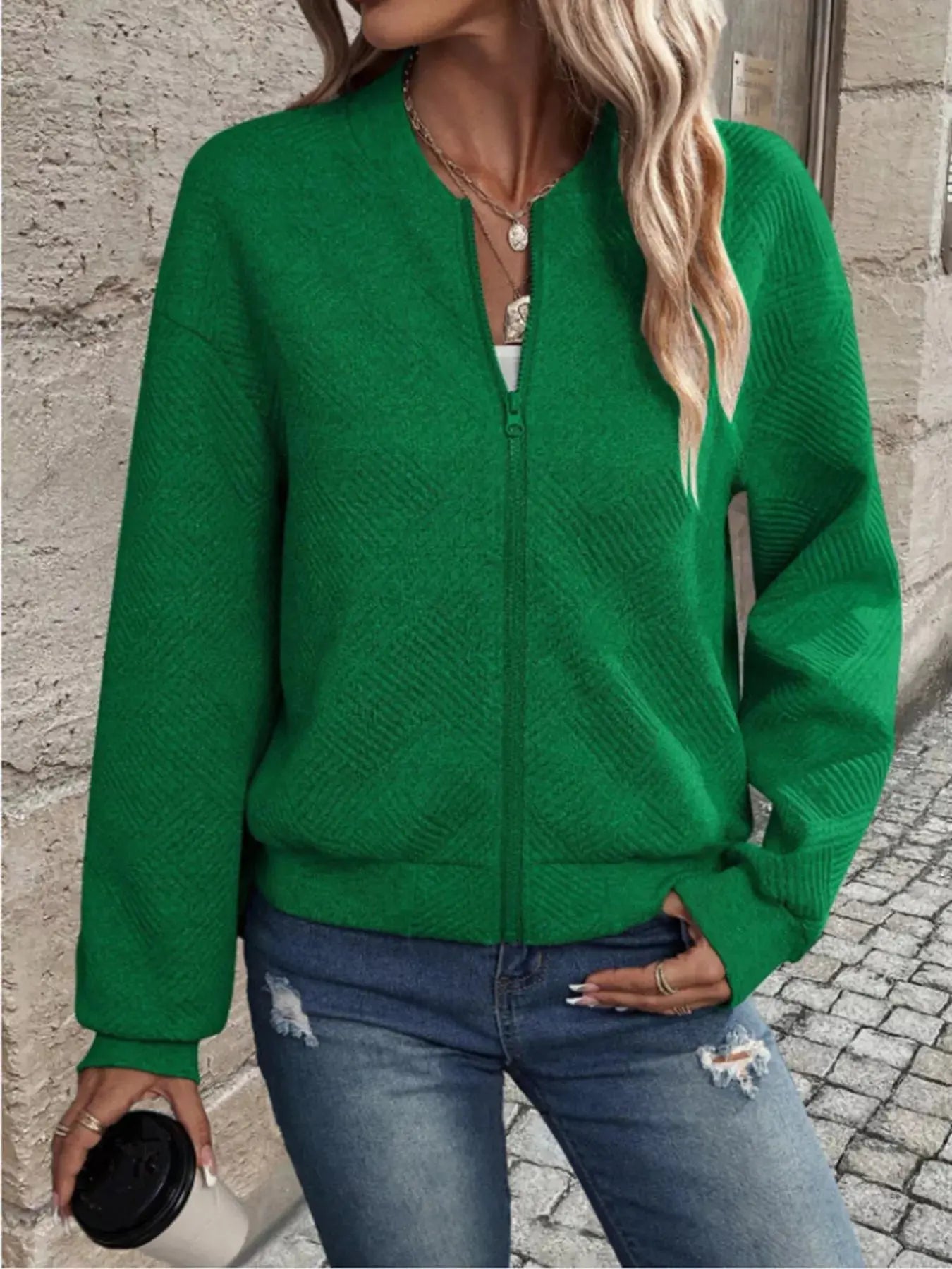Textured Knit Zip - Up Bomber Jacket - Charmdeals