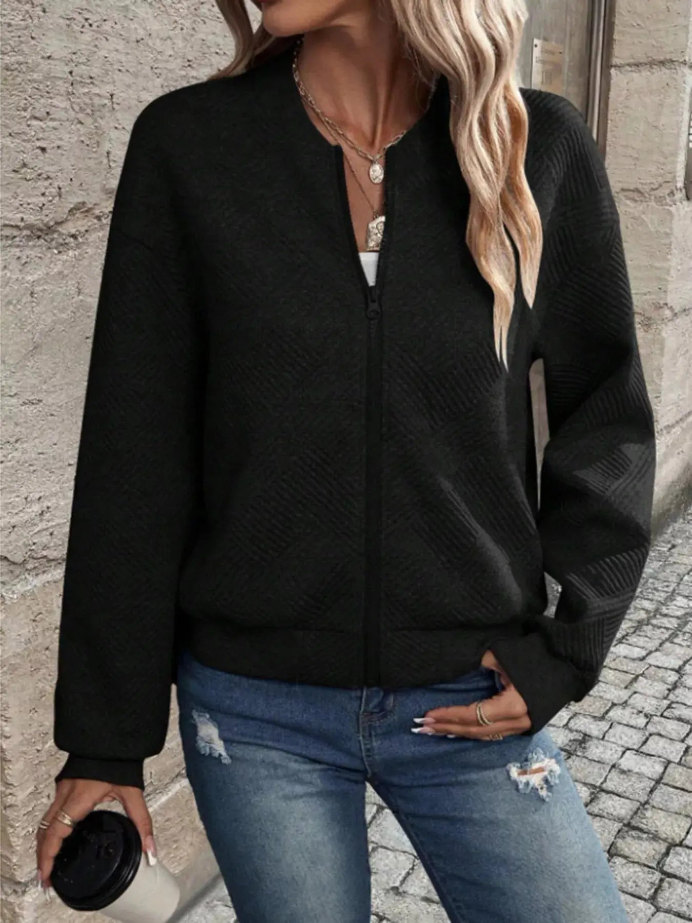 Textured Knit Zip - Up Bomber Jacket - Charmdeals