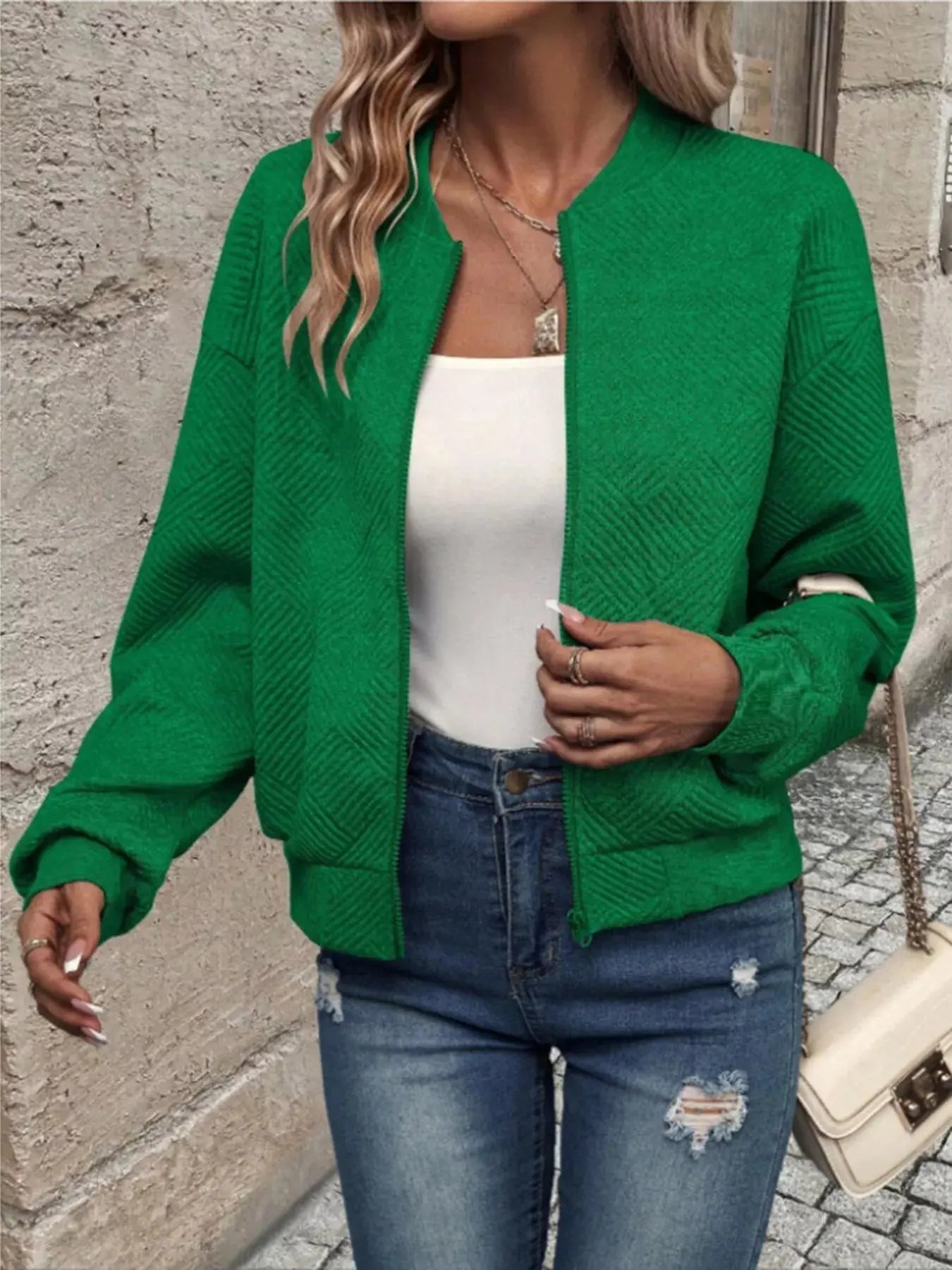 Textured Knit Zip - Up Bomber Jacket - Charmdeals