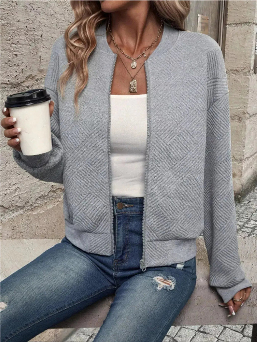 Textured Knit Zip - Up Bomber Jacket - Charmdeals