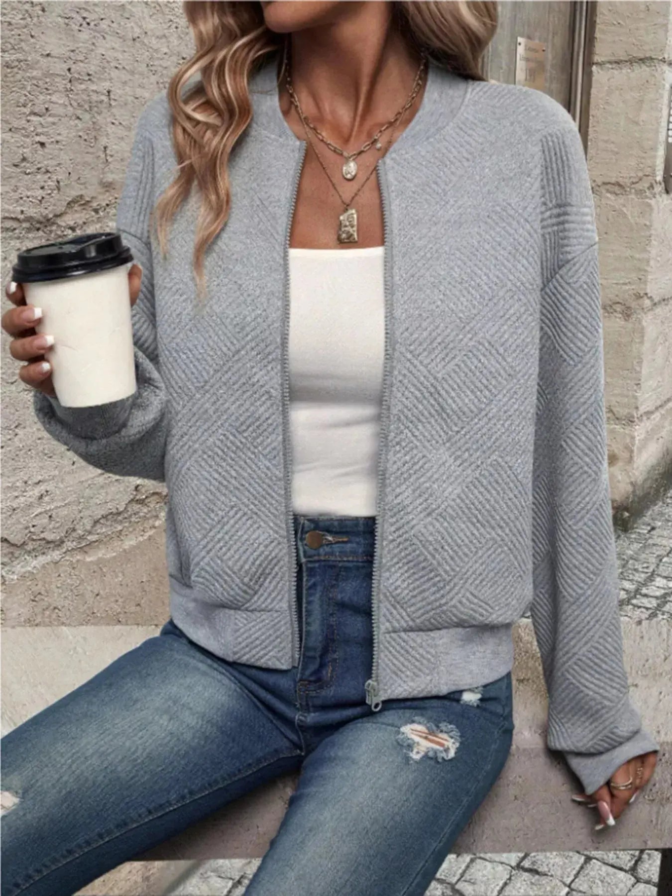 Textured Knit Zip - Up Bomber Jacket - Charmdeals