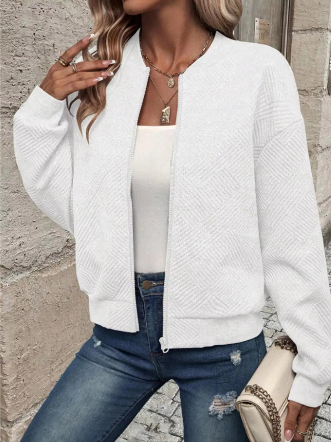 Textured Knit Zip - Up Bomber Jacket - Charmdeals