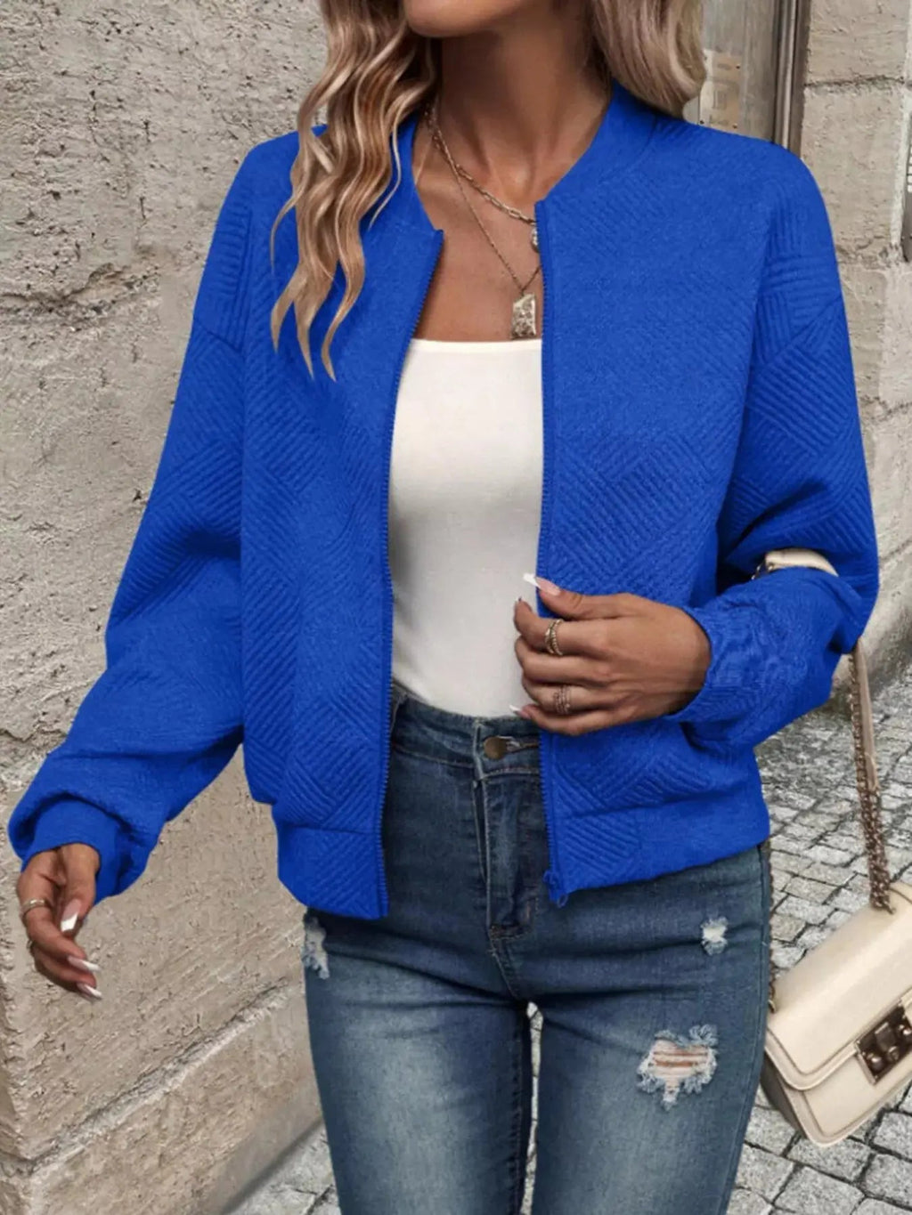 Textured Knit Zip - Up Bomber Jacket - Charmdeals