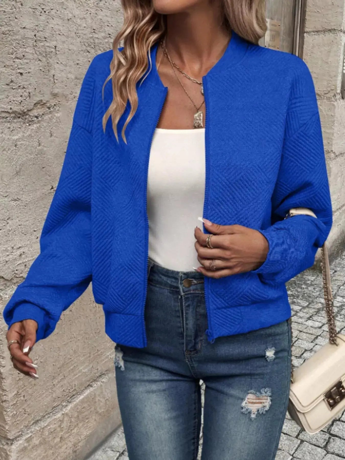 Textured Knit Zip - Up Bomber Jacket - Charmdeals