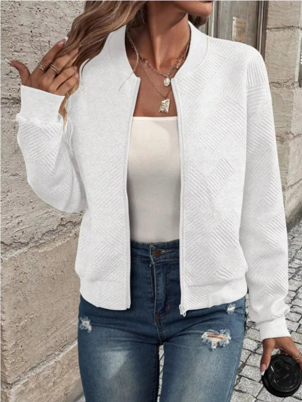 Textured Knit Zip - Up Bomber Jacket - Charmdeals