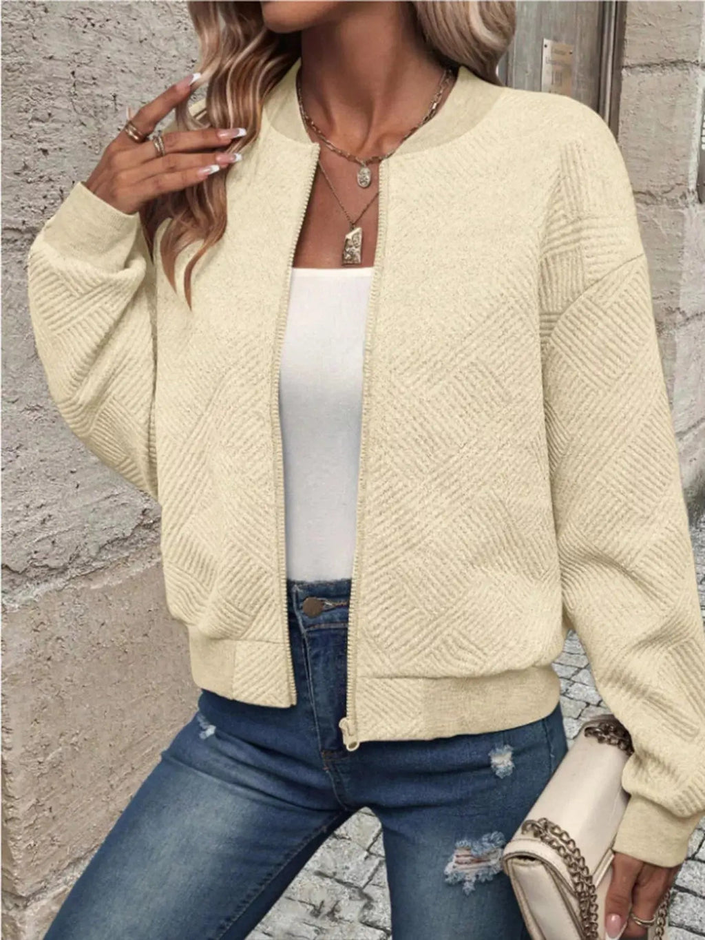 Textured Knit Zip - Up Bomber Jacket - Charmdeals