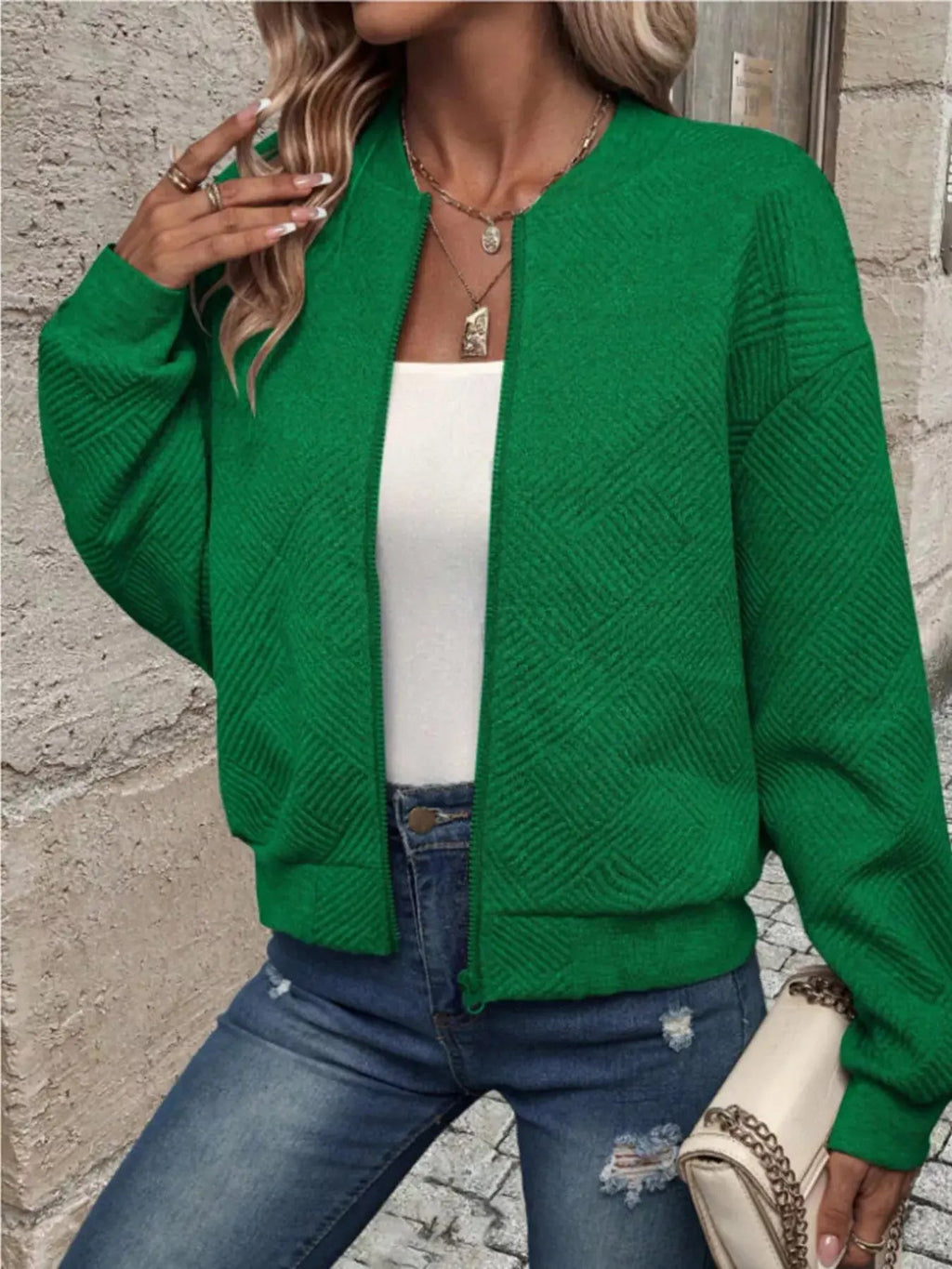 Textured Knit Zip - Up Bomber Jacket - Charmdeals