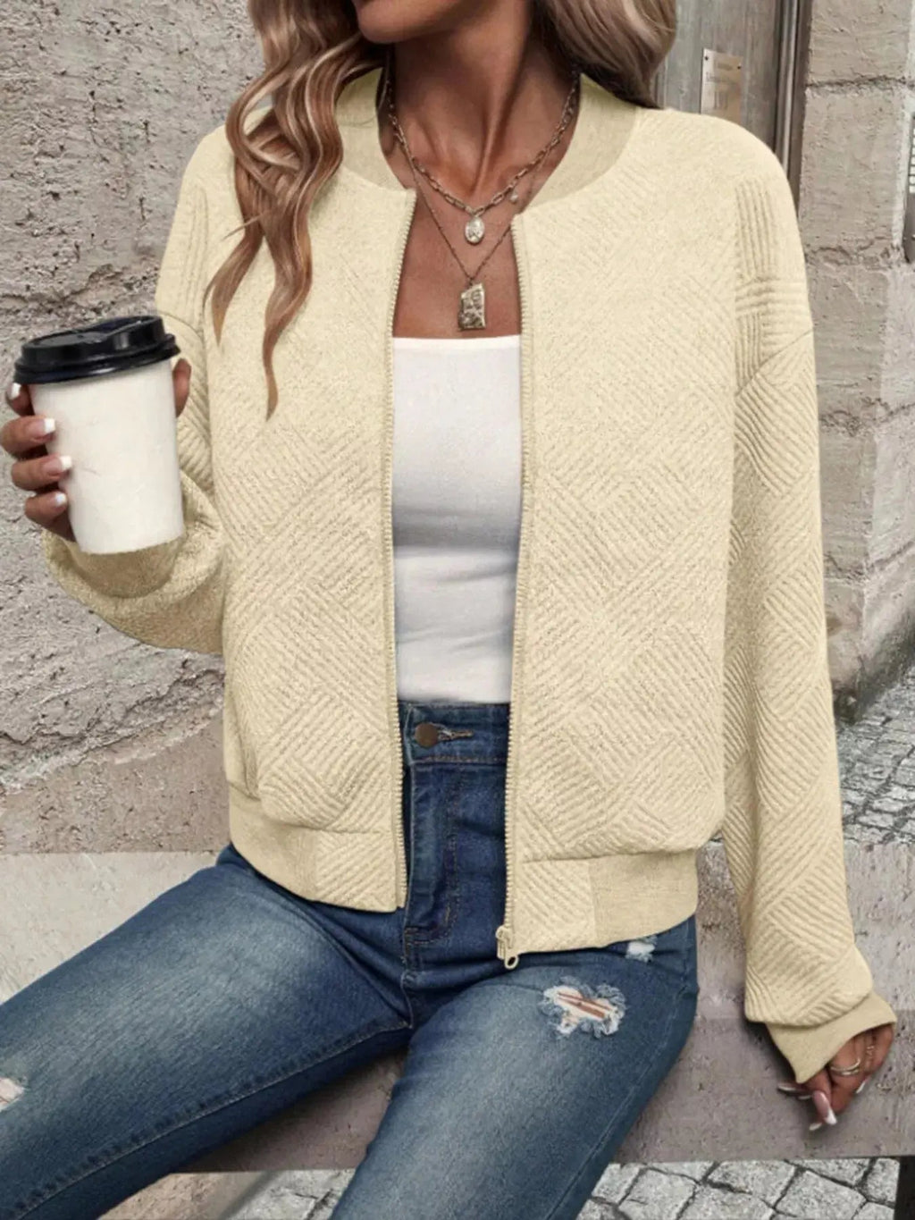 Textured Knit Zip - Up Bomber Jacket - Charmdeals