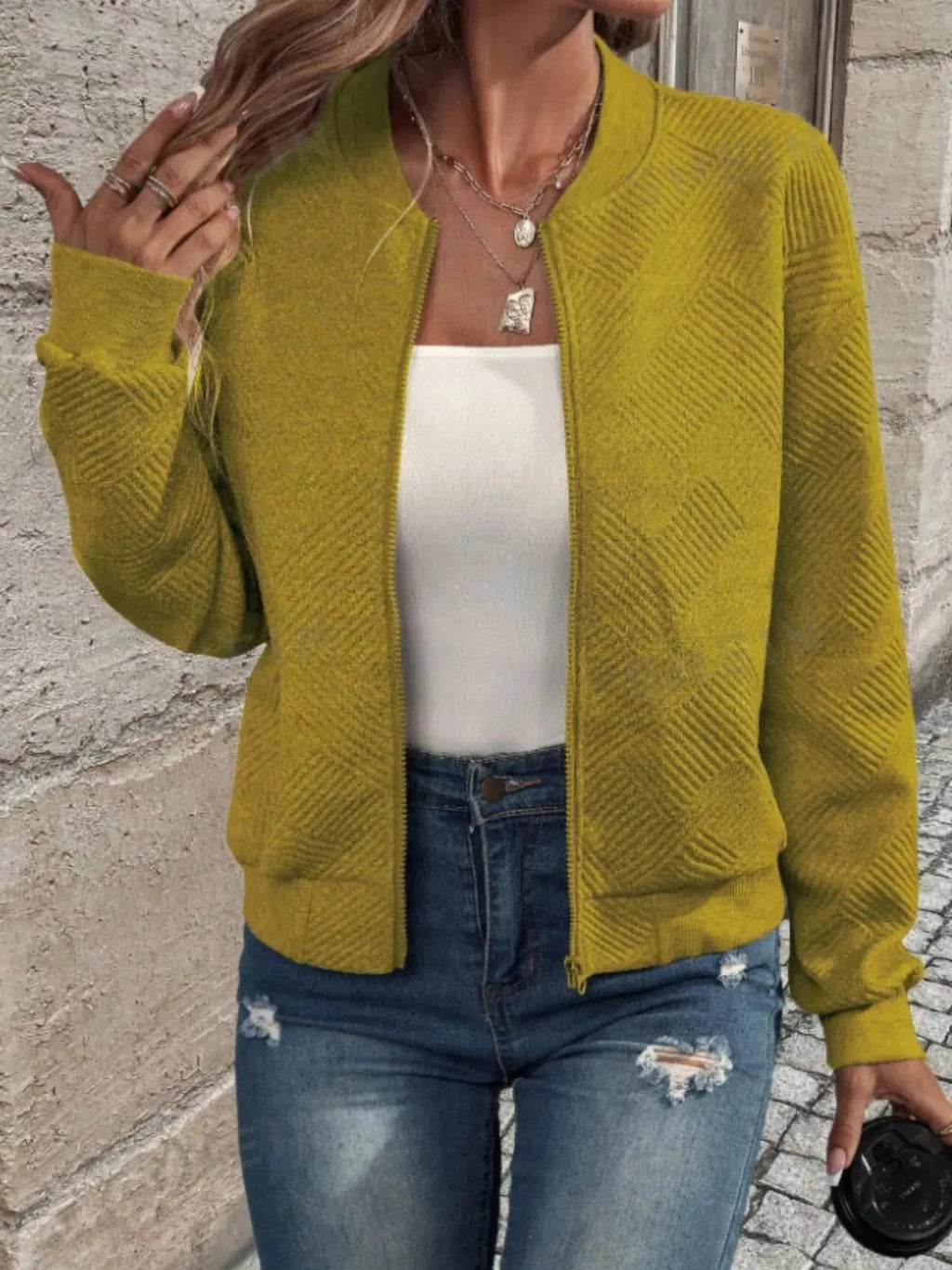 Textured Knit Zip - Up Bomber Jacket - Charmdeals