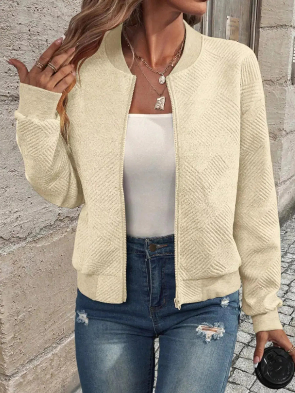 Textured Knit Zip - Up Bomber Jacket - Charmdeals