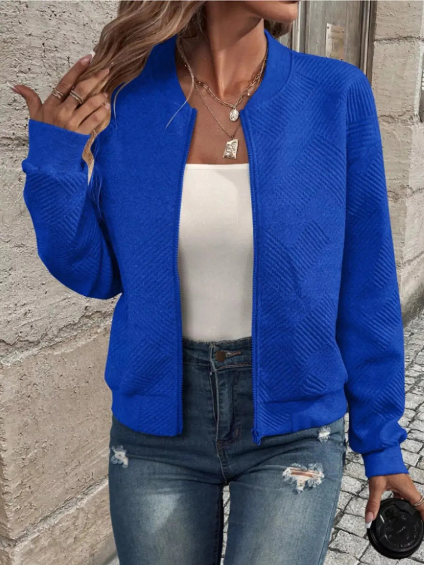 Textured Knit Zip - Up Bomber Jacket - Charmdeals