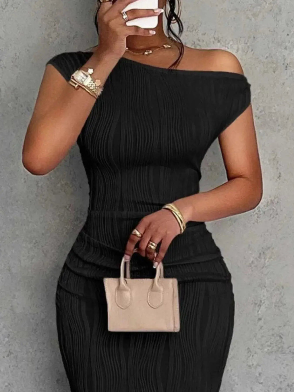 Textured Single Shoulder Bodycon Maxi Dress - Charmdeals