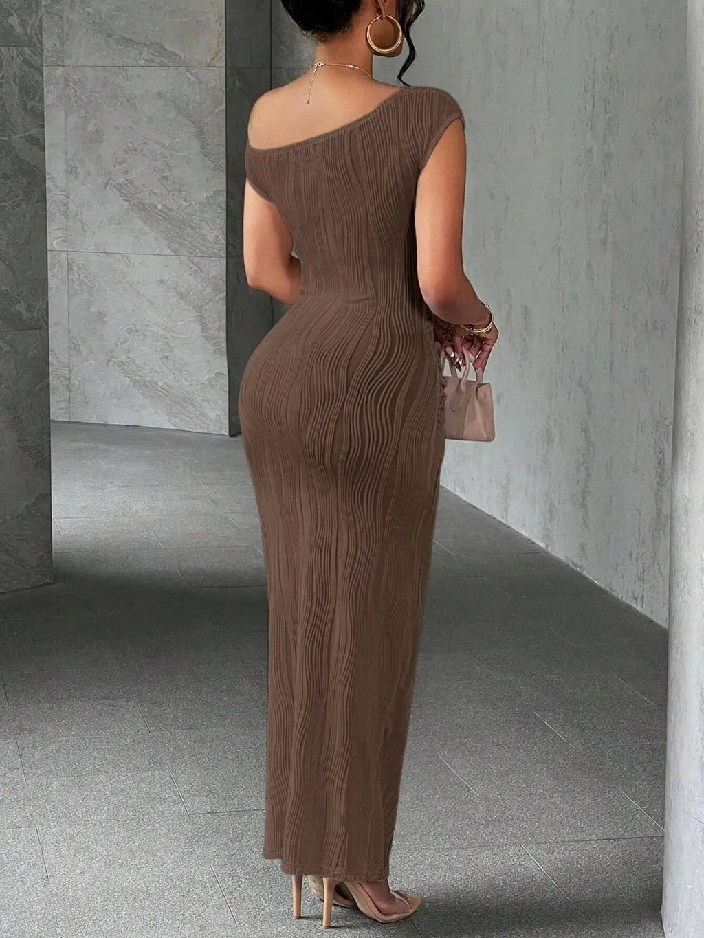 Textured Single Shoulder Bodycon Maxi Dress - Charmdeals