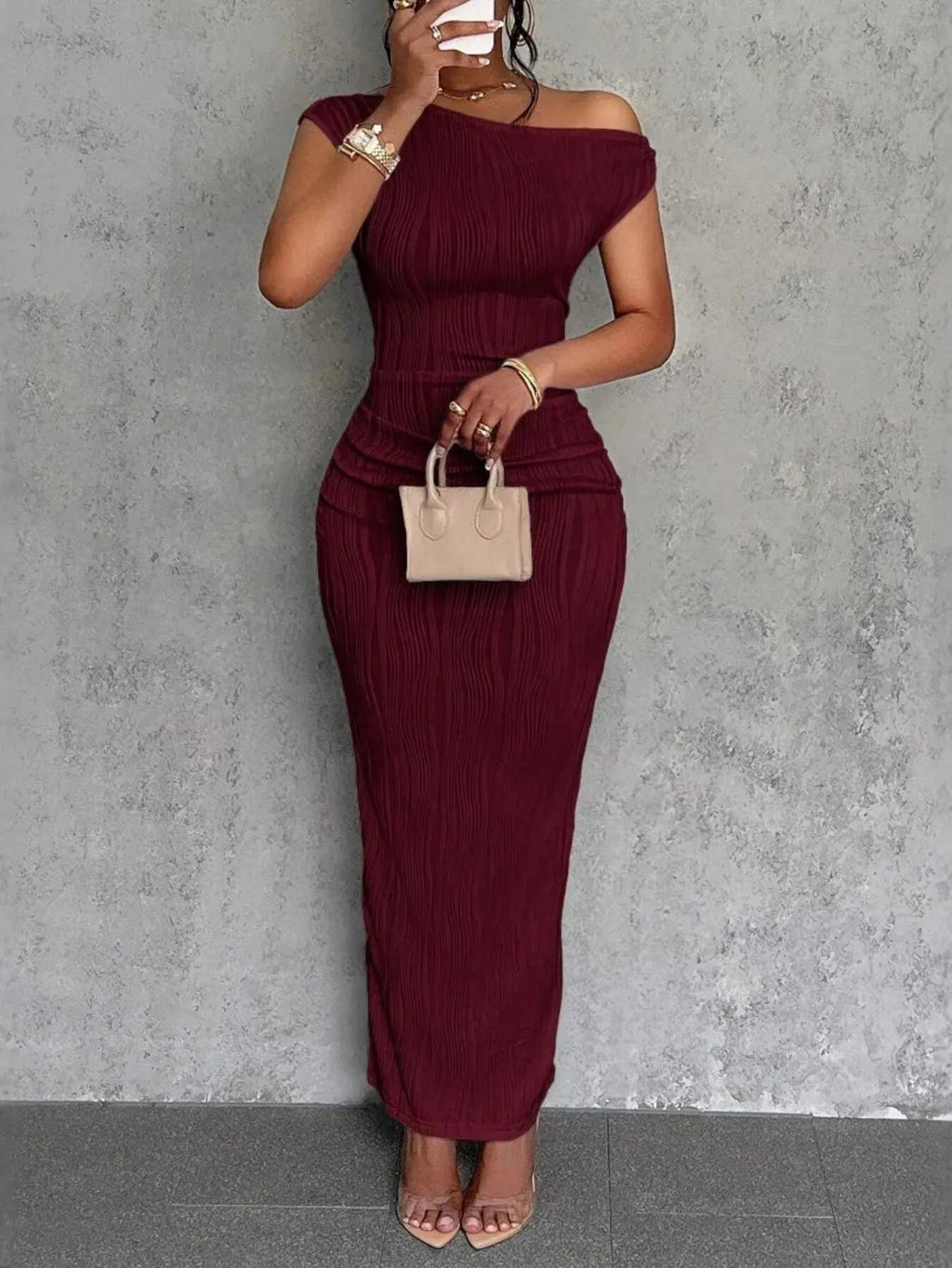 Textured Single Shoulder Bodycon Maxi Dress - Charmdeals