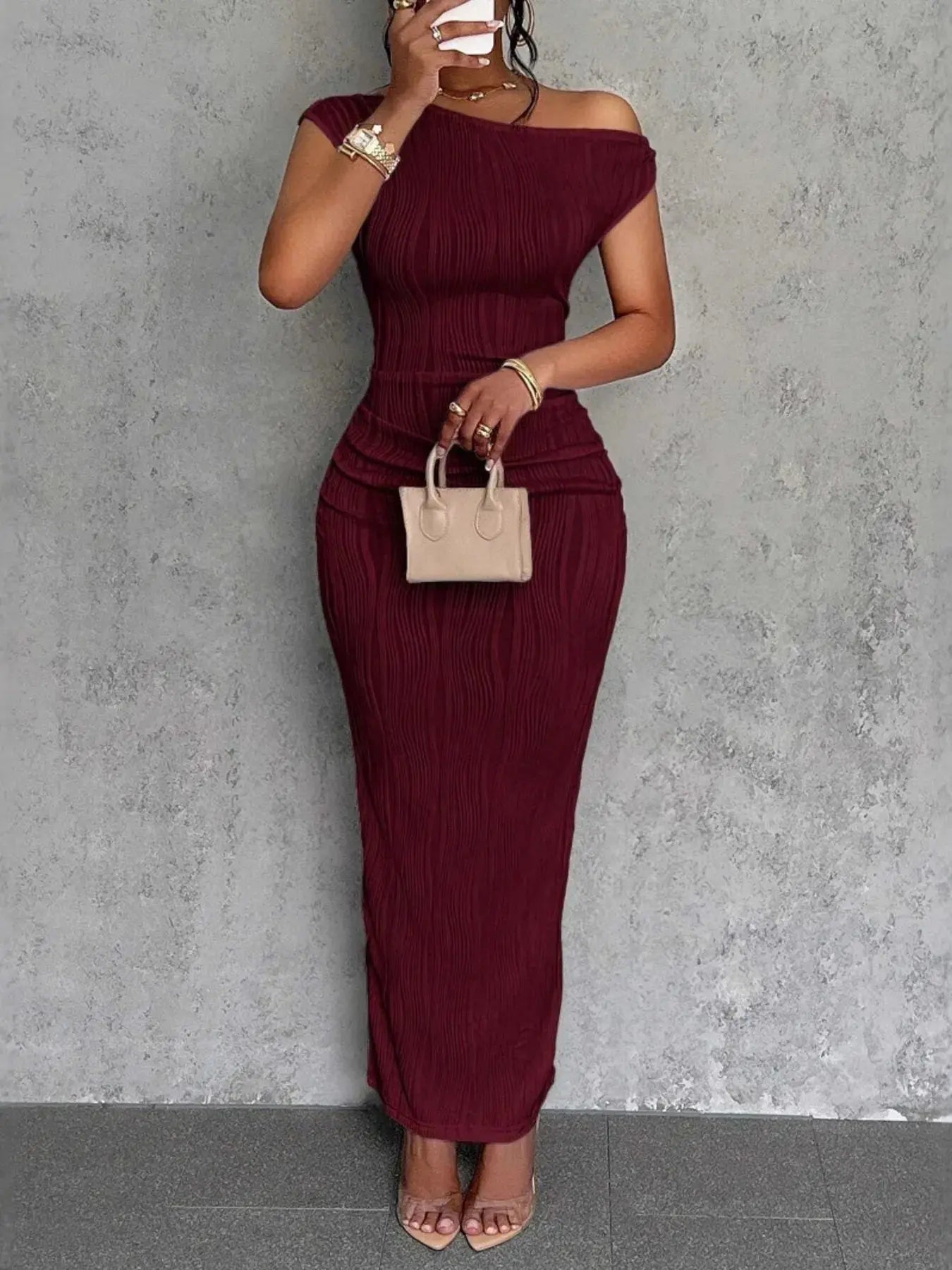 Textured Single Shoulder Bodycon Maxi Dress - Charmdeals
