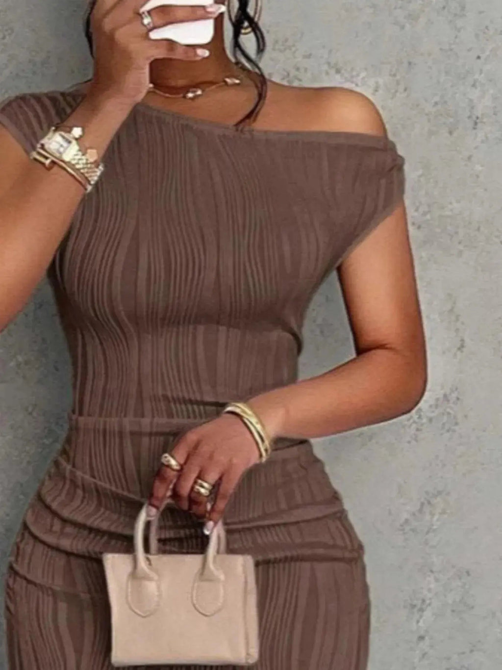 Textured Single Shoulder Bodycon Maxi Dress - Charmdeals