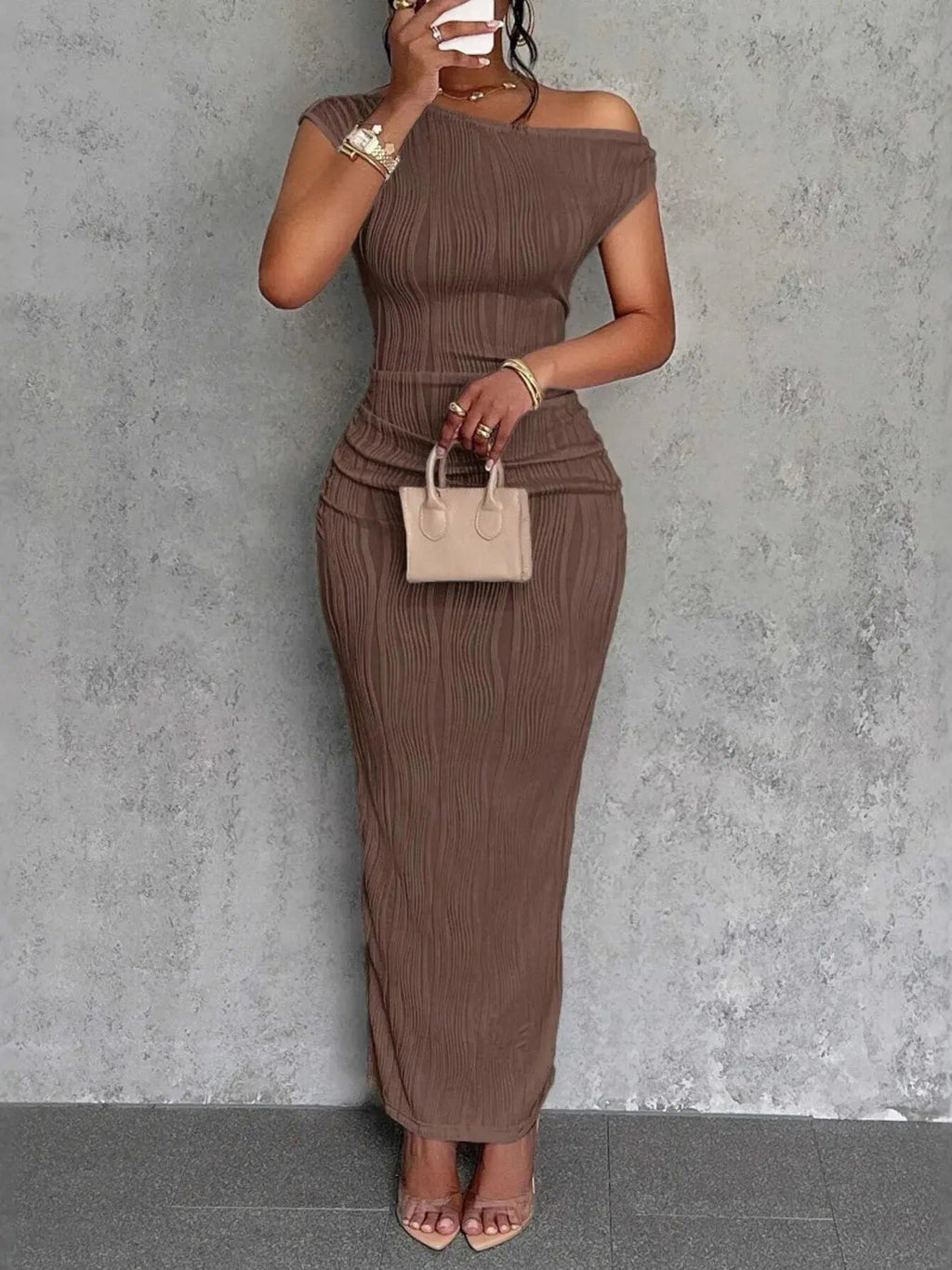 Textured Single Shoulder Bodycon Maxi Dress - Charmdeals