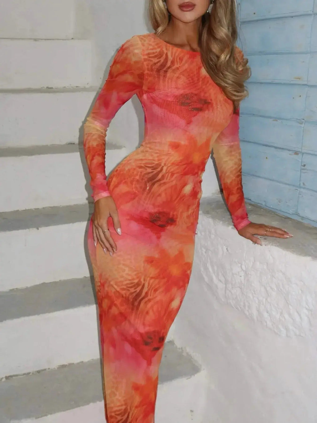 Tie - Dye Long Sleeve Maxi Bodycon Dress - Charmdeals