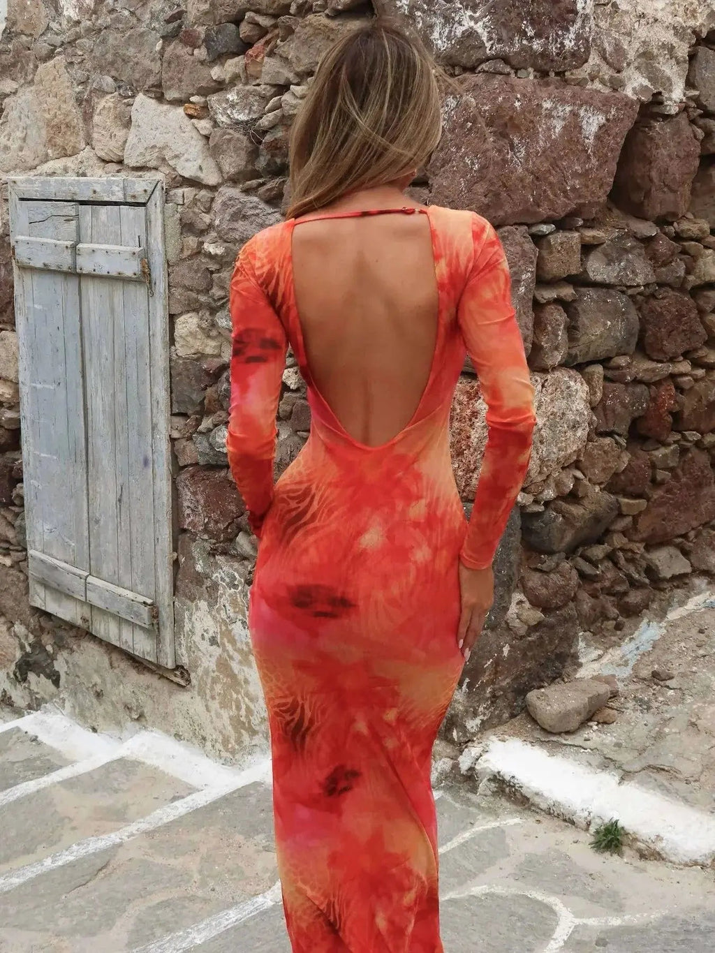 Tie - Dye Long Sleeve Maxi Bodycon Dress - Charmdeals