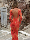 Tie - Dye Long Sleeve Maxi Bodycon Dress - Charmdeals