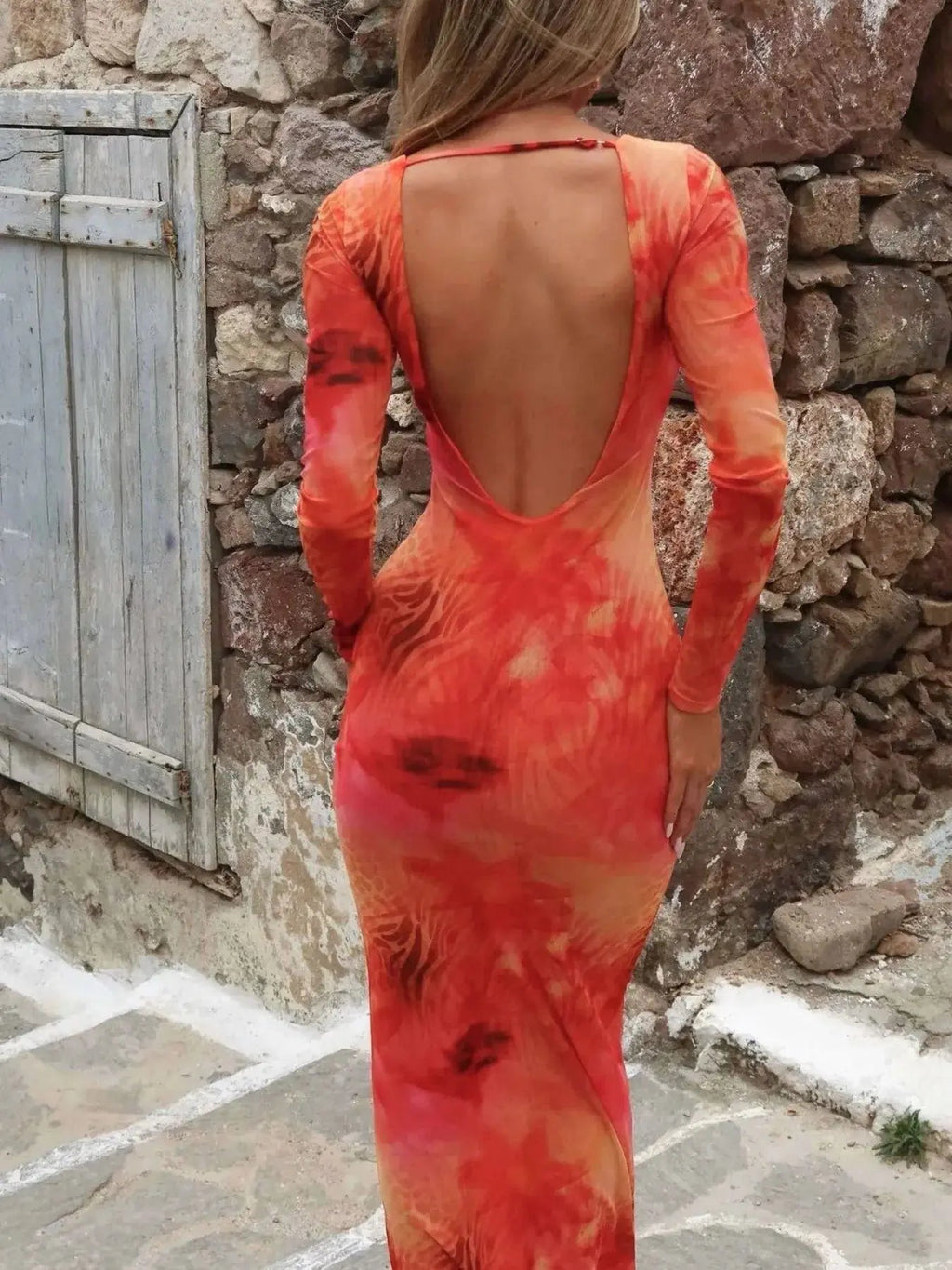 Tie - Dye Long Sleeve Maxi Bodycon Dress - Charmdeals