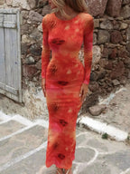 Tie - Dye Long Sleeve Maxi Bodycon Dress - Charmdeals