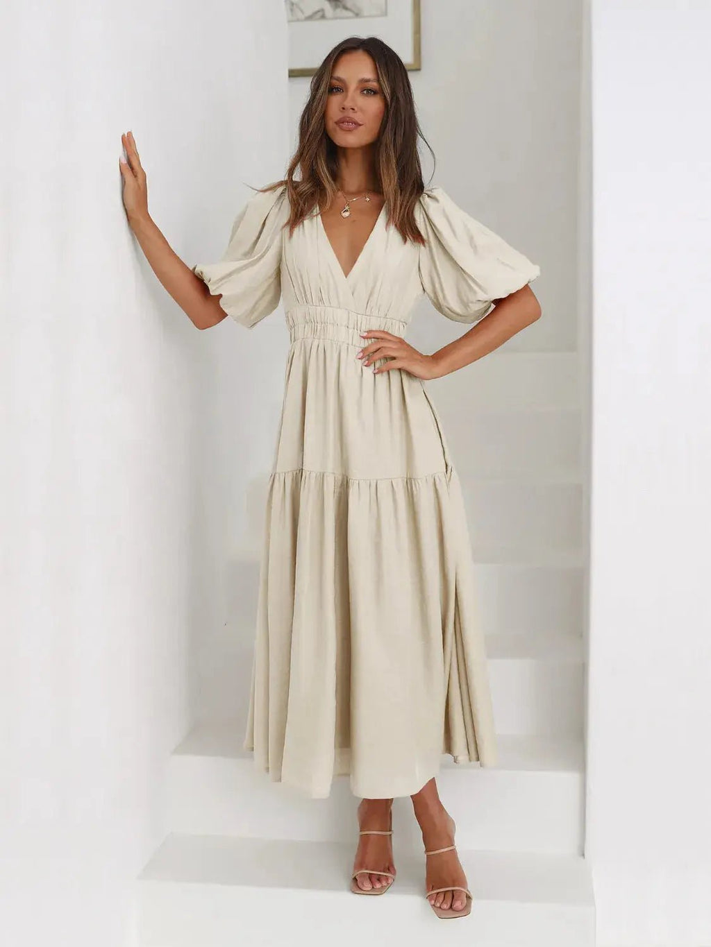 Tiered Surplice Half Sleeve Midi Dress - Charmdeals