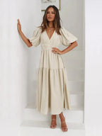 Tiered Surplice Half Sleeve Midi Dress - Charmdeals