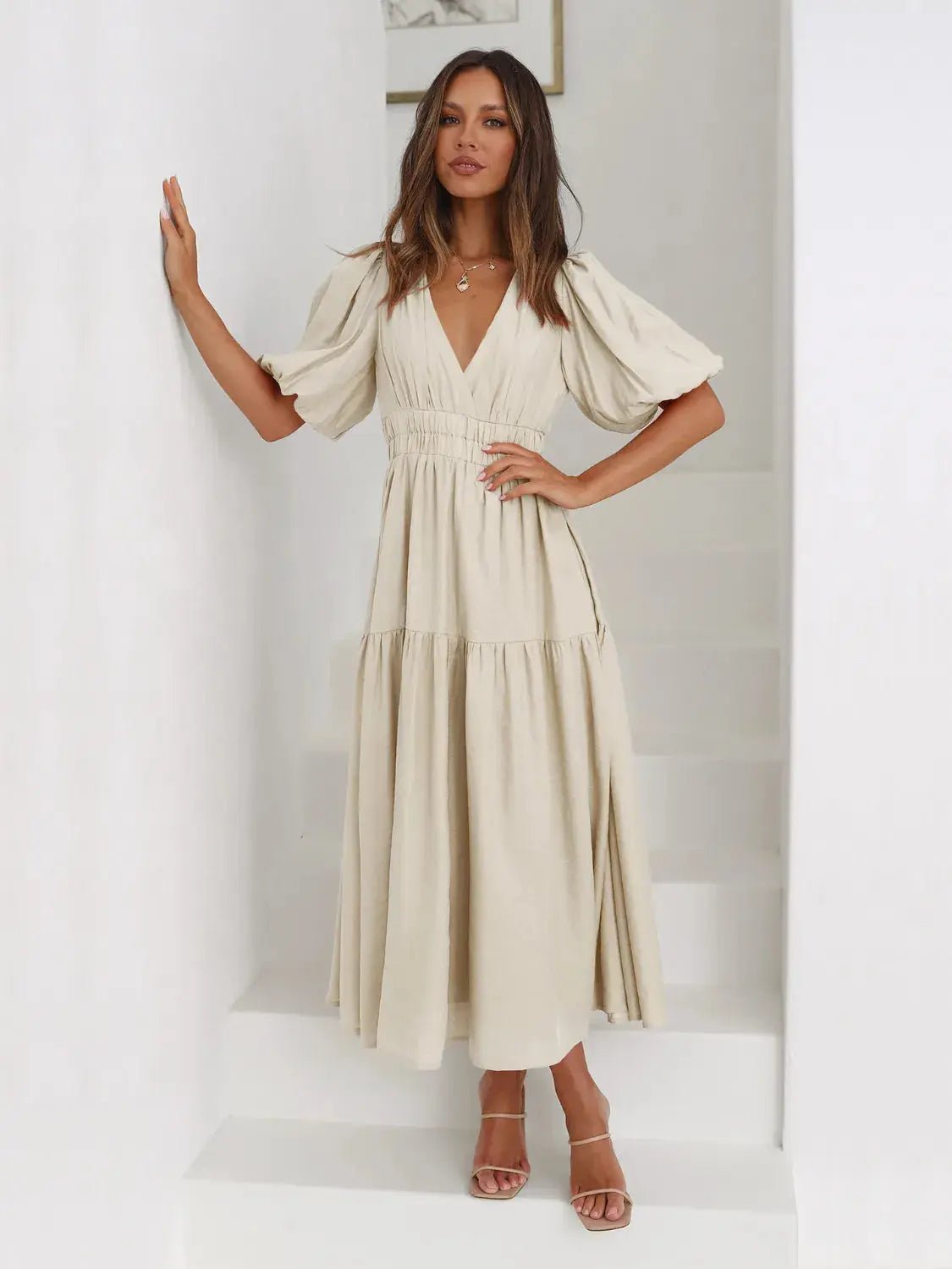 Tiered Surplice Half Sleeve Midi Dress - Charmdeals