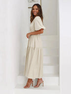 Tiered Surplice Half Sleeve Midi Dress - Charmdeals